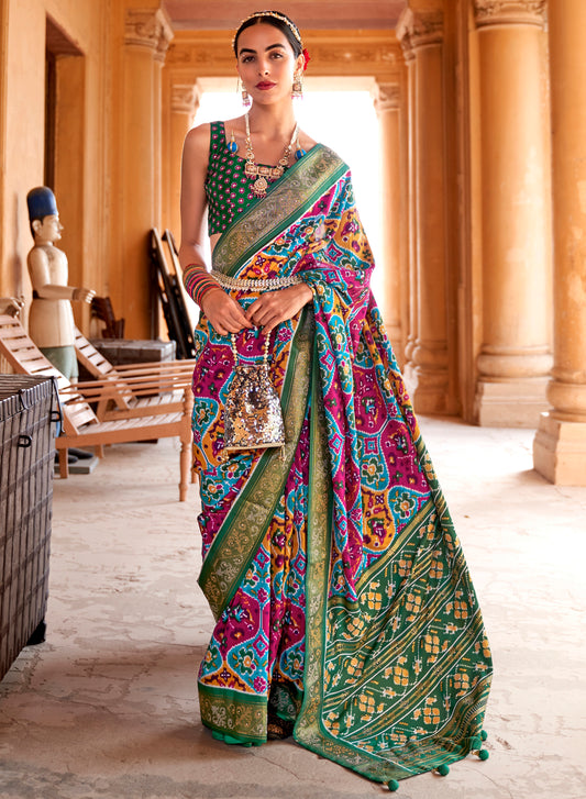 Green with Pink Matki Design Patola Silk Sarees with Tessles