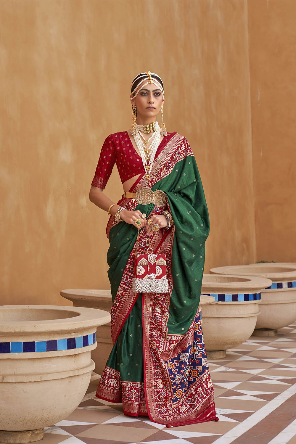 Green with Red Banarasi Patola With Contrast Ekat Border and Pallu