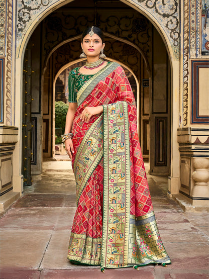 Shades of Red Designer Bandhani Saree with Skirt Bordered Woven Paithani Design on Border