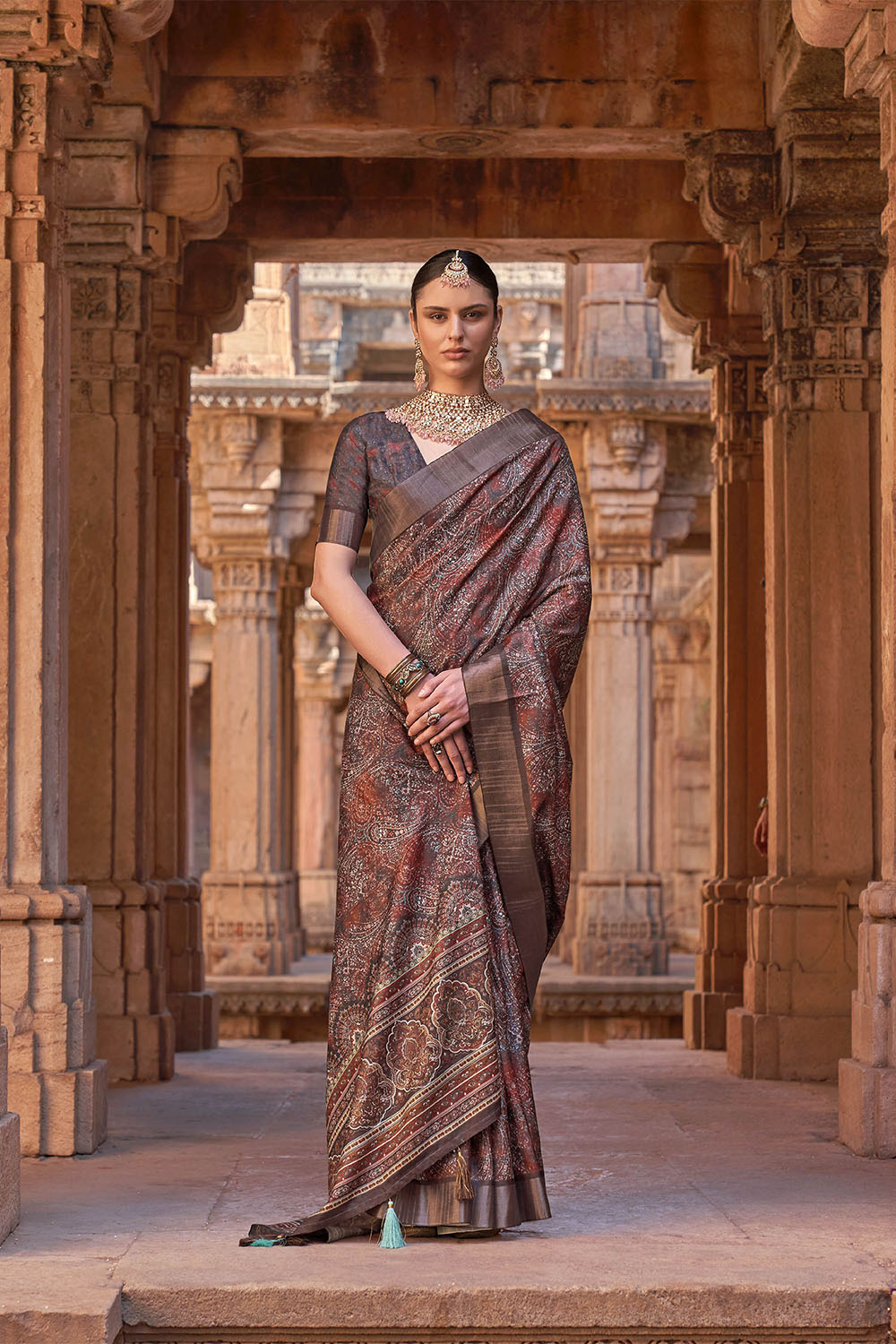 Chocolate Brown  Soft Tussar Silk Floral Kalamkari Saree