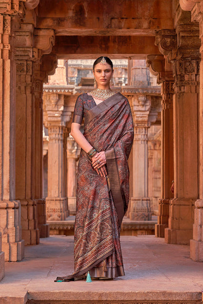 Chocolate Brown  Soft Tussar Silk Floral Kalamkari Saree