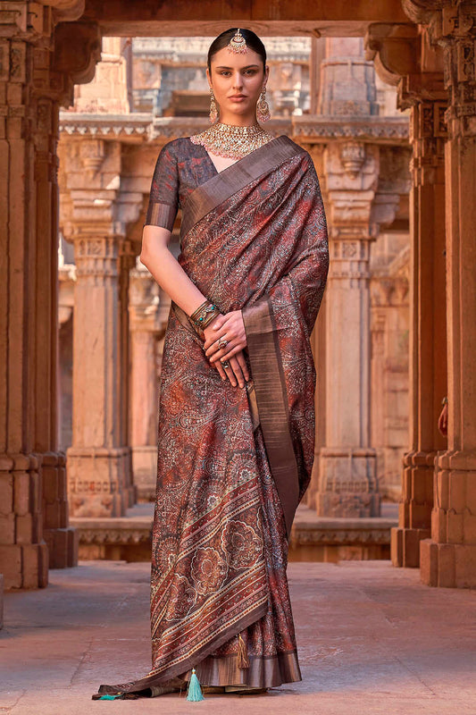 Chocolate Brown  Soft Tussar Silk Floral Kalamkari Saree