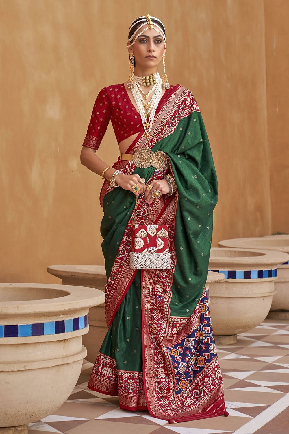 Green with Red Banarasi Patola With Contrast Ekat Border and Pallu