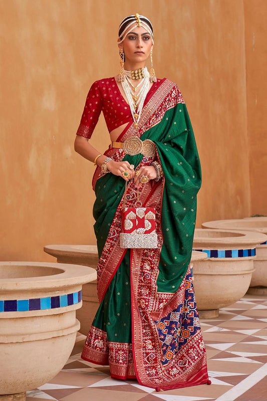 Green with Red Banarasi Patola With Contrast Ekat Border and Pallu