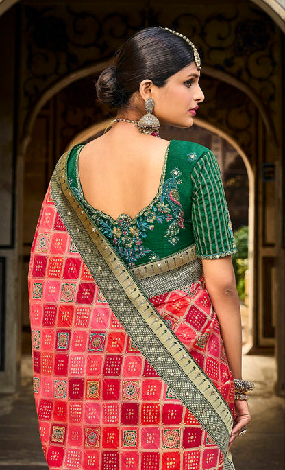 Shades of Red Designer Bandhani Saree with Skirt Bordered Woven Paithani Design on Border