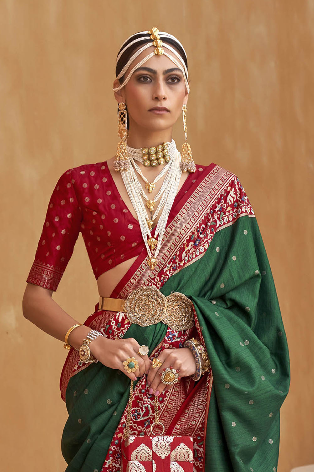 Green with Red Banarasi Patola With Contrast Ekat Border and Pallu