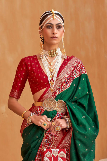 Green with Red Banarasi Patola With Contrast Ekat Border and Pallu