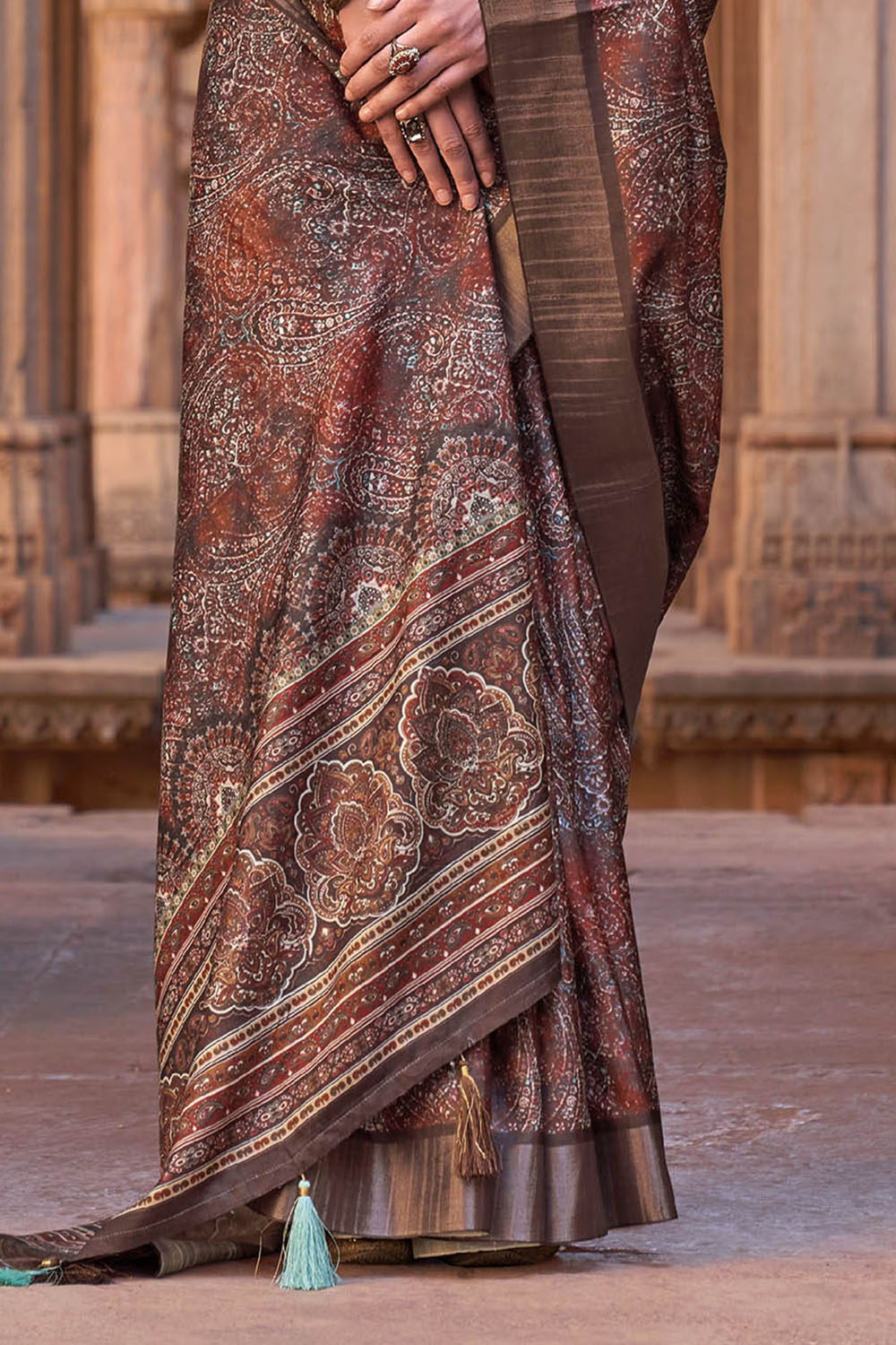 Chocolate Brown  Soft Tussar Silk Floral Kalamkari Saree