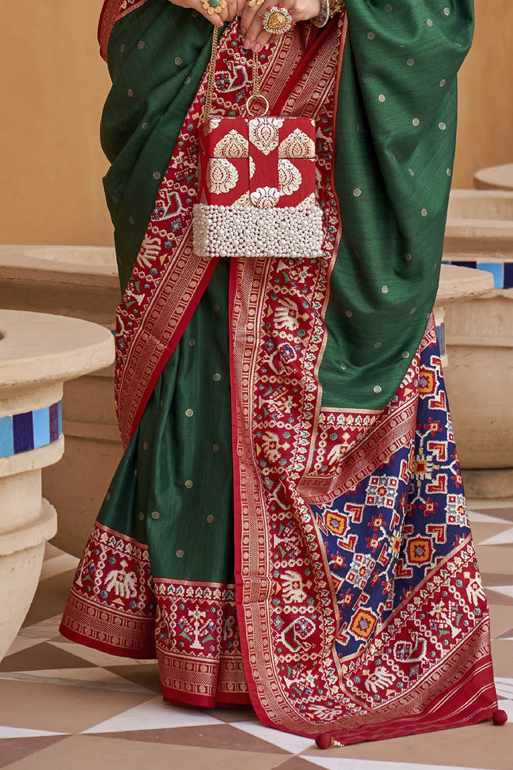 Green with Red Banarasi Patola With Contrast Ekat Border and Pallu