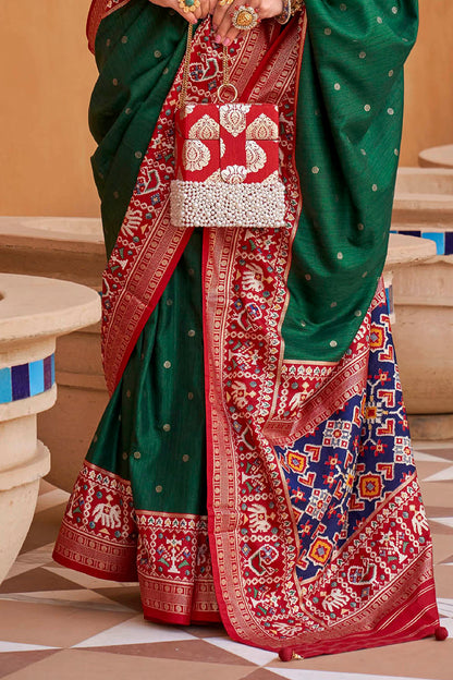 Green with Red Banarasi Patola With Contrast Ekat Border and Pallu