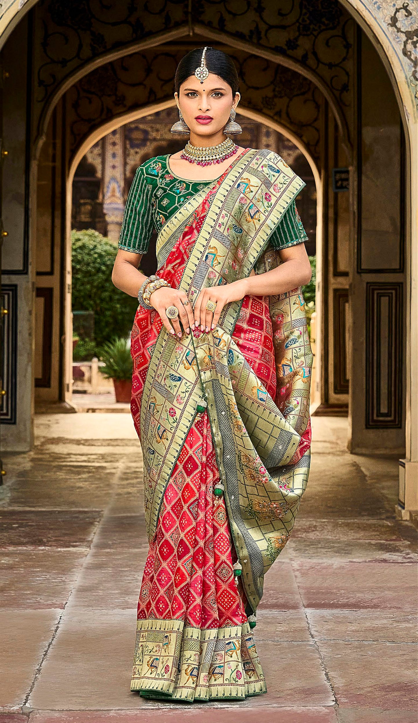 Shades of Red Designer Bandhani Saree with Skirt Bordered Woven Paithani Design on Border