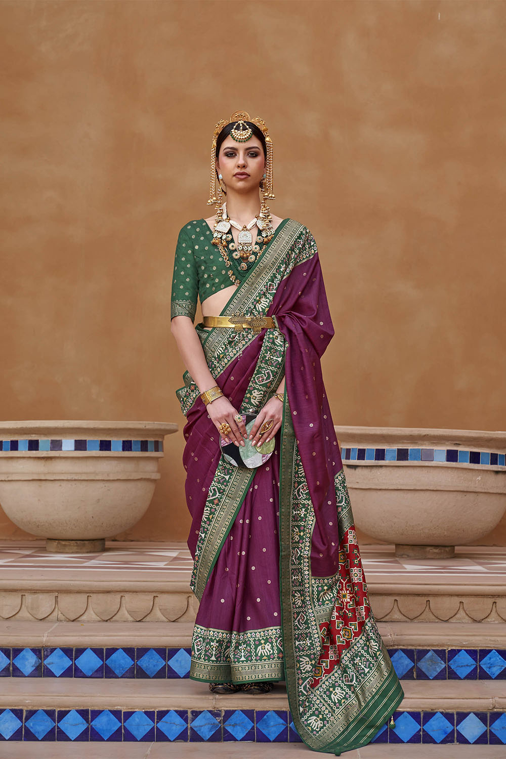 Dark Pink with Green Banarasi Patola With Contrast Ekat Border and Pallu