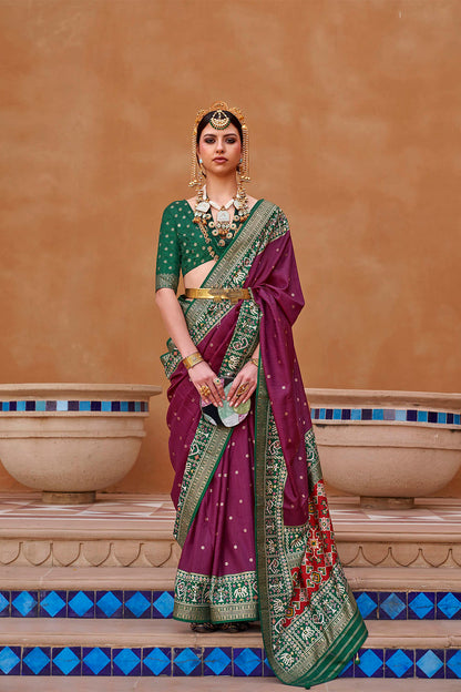 Dark Pink with Green Banarasi Patola With Contrast Ekat Border and Pallu