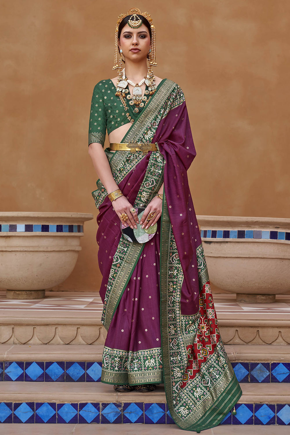 Dark Pink with Green Banarasi Patola With Contrast Ekat Border and Pallu