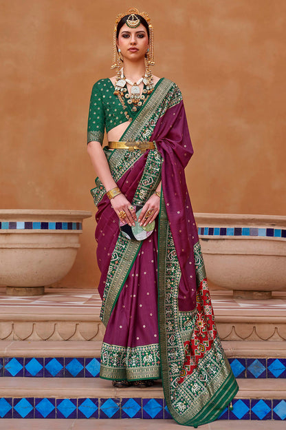 Dark Pink with Green Banarasi Patola With Contrast Ekat Border and Pallu