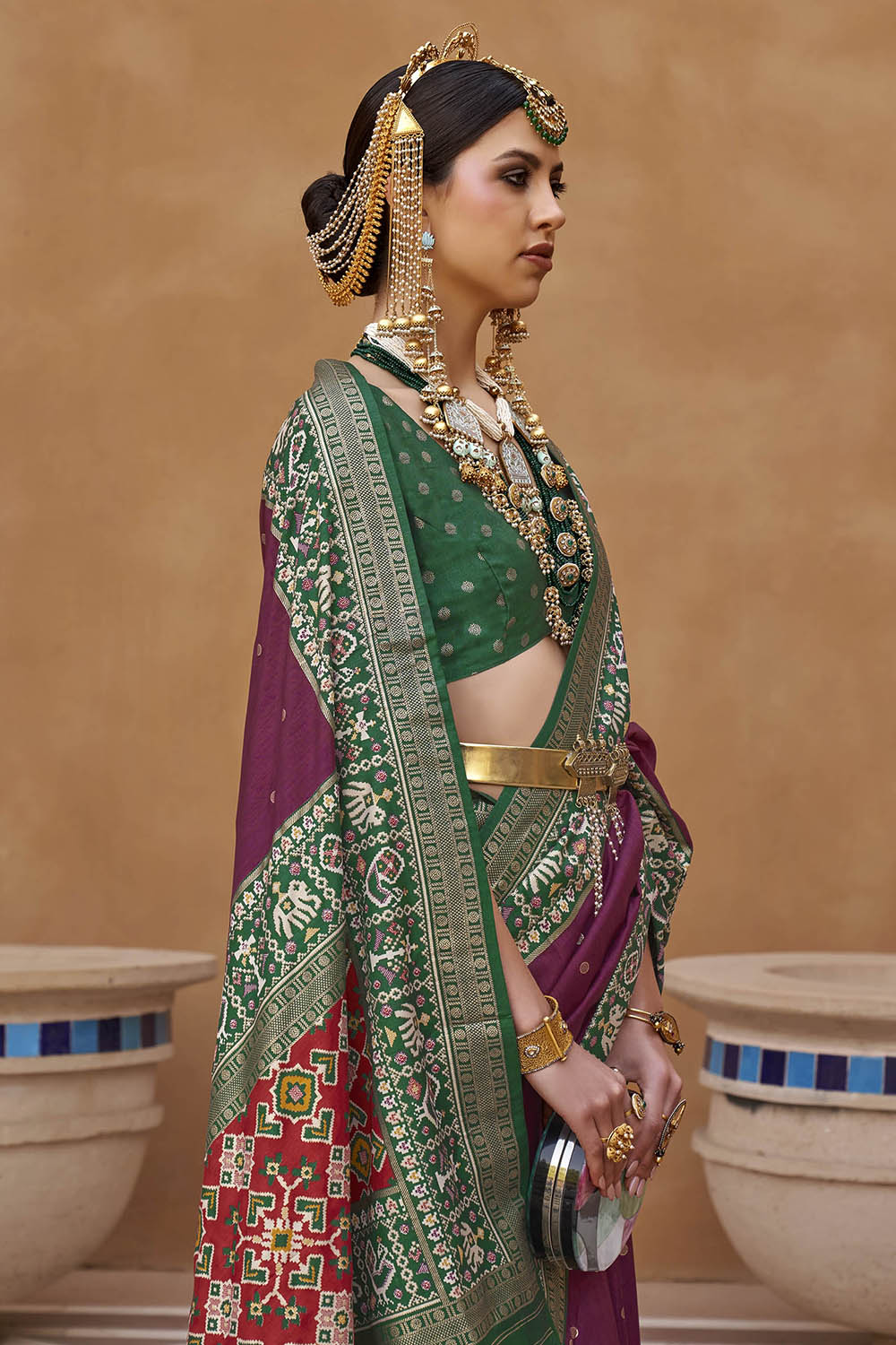 Dark Pink with Green Banarasi Patola With Contrast Ekat Border and Pallu