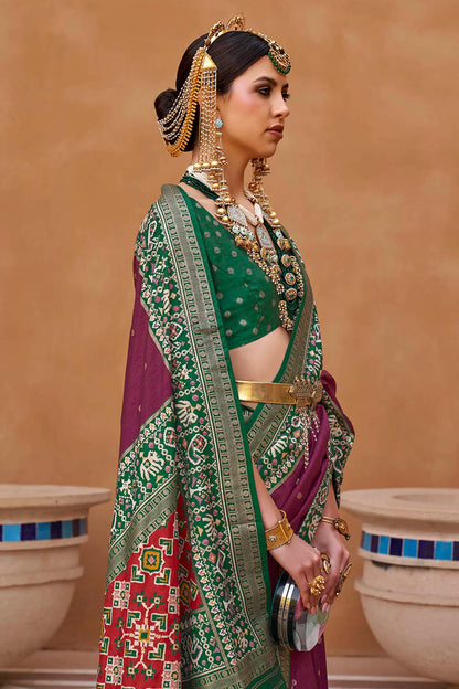 Dark Pink with Green Banarasi Patola With Contrast Ekat Border and Pallu