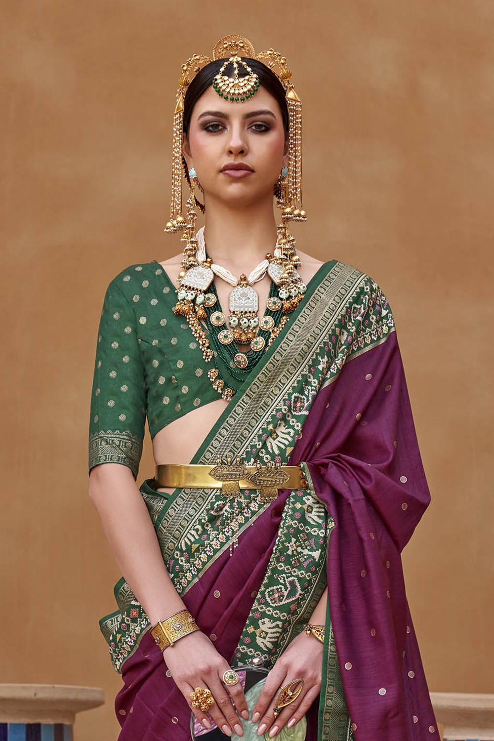 Dark Pink with Green Banarasi Patola With Contrast Ekat Border and Pallu