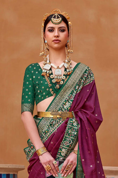 Dark Pink with Green Banarasi Patola With Contrast Ekat Border and Pallu