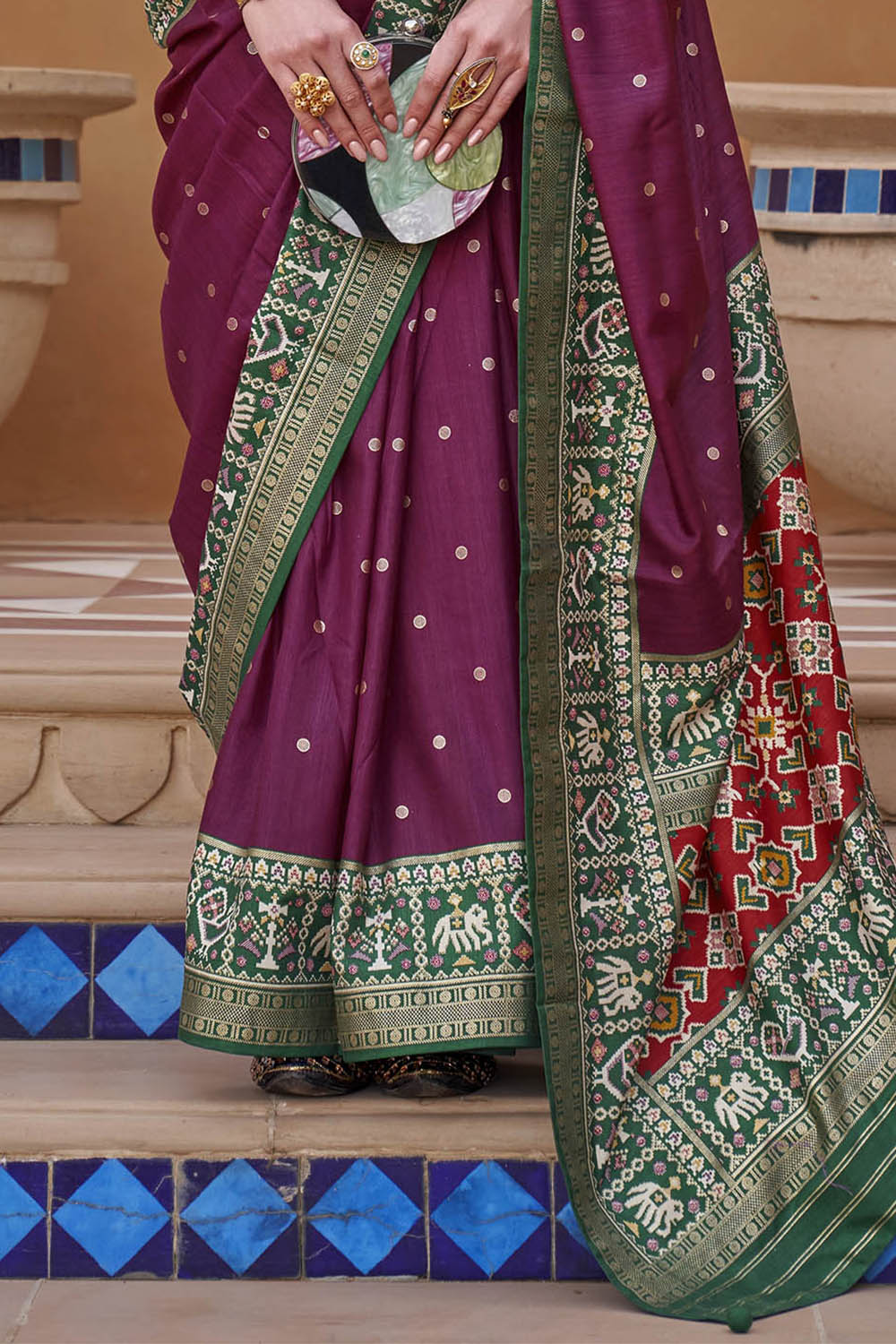 Dark Pink with Green Banarasi Patola With Contrast Ekat Border and Pallu