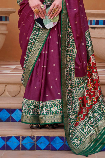 Dark Pink with Green Banarasi Patola With Contrast Ekat Border and Pallu