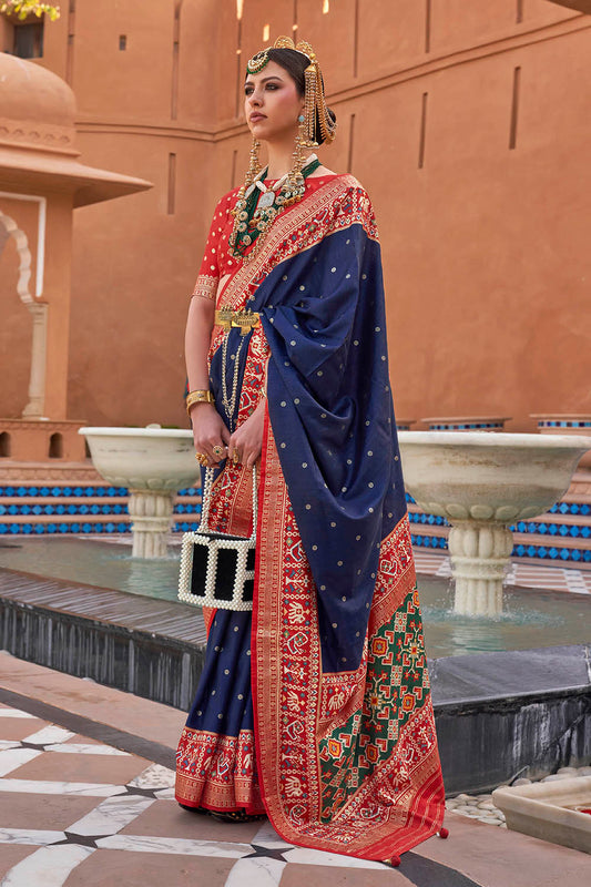 Navy Blue with Red Banarasi Patola With Contrast Ekat Border and Pallu