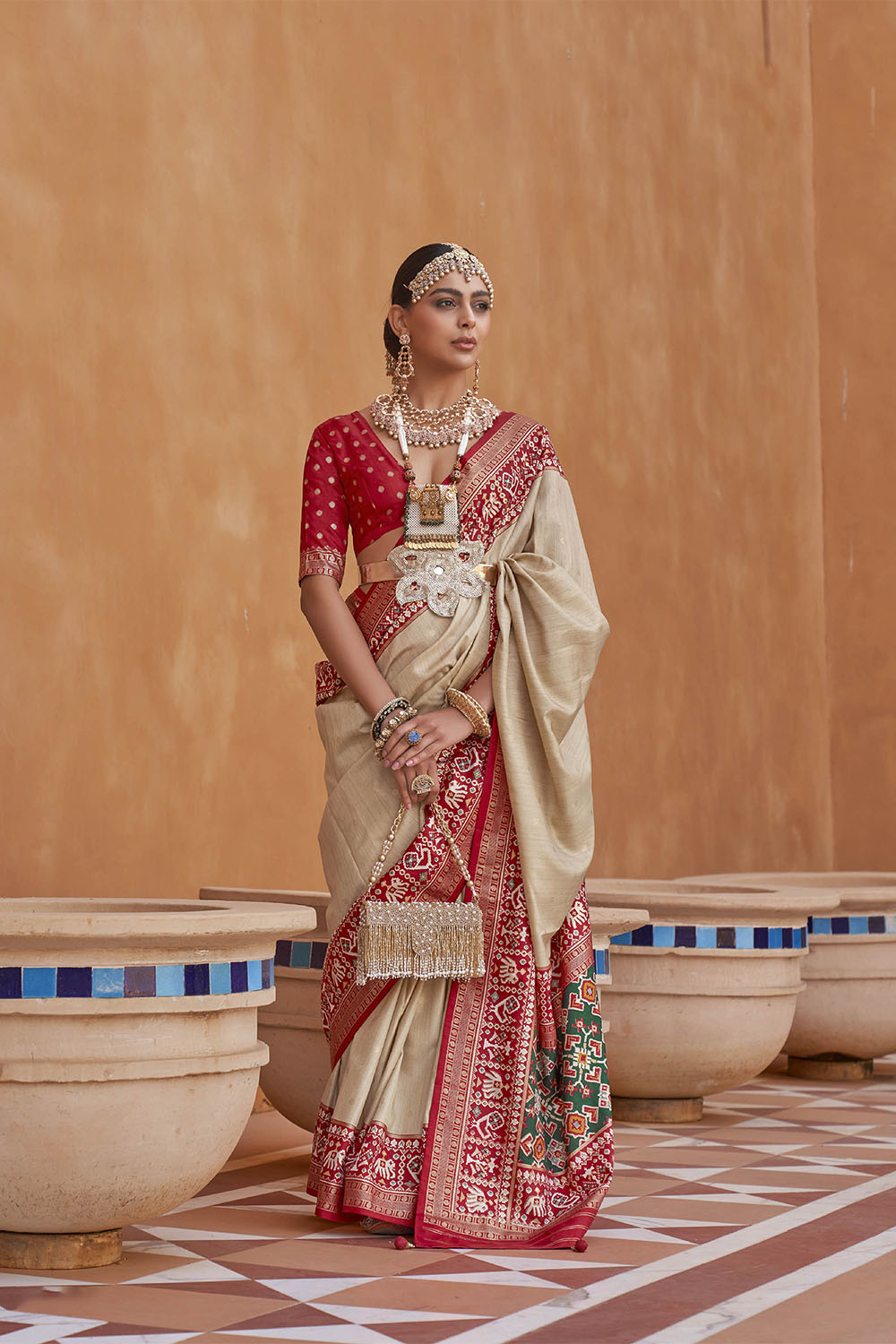 Creme White with Red Banarasi Patola With Contrast Ekat Border and Pallu