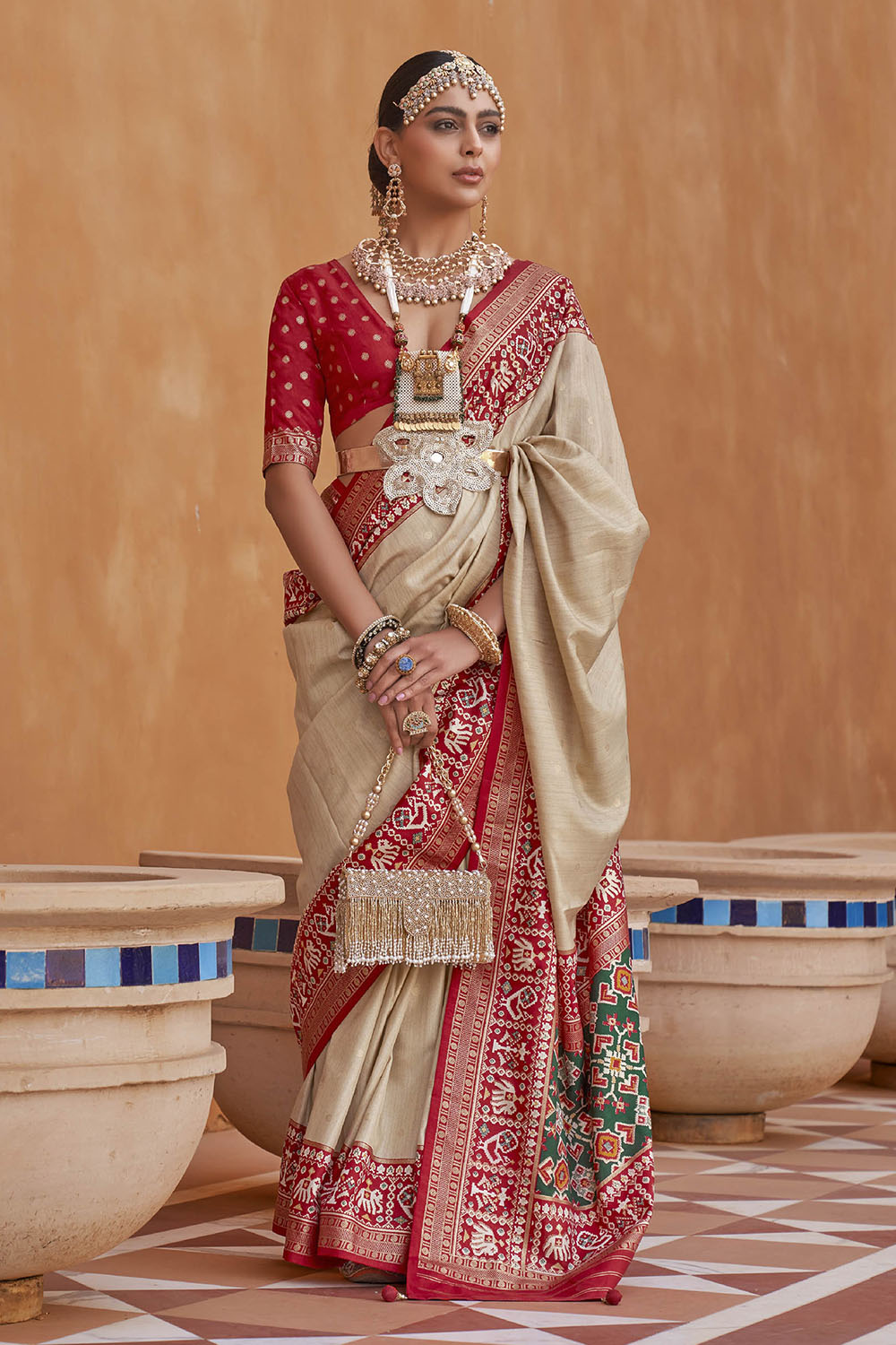 Creme White with Red Banarasi Patola With Contrast Ekat Border and Pallu