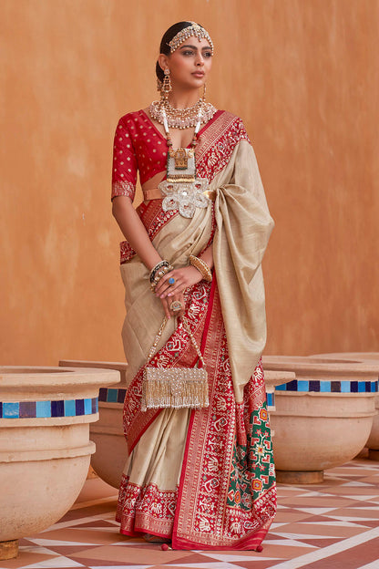 Creme White with Red Banarasi Patola With Contrast Ekat Border and Pallu