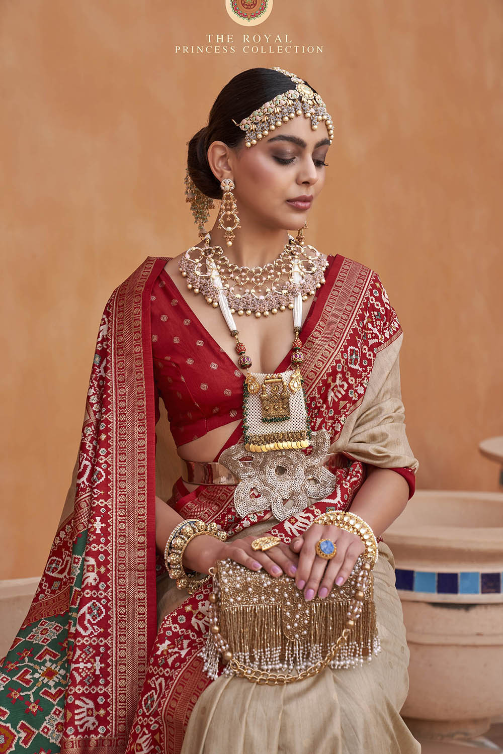 Creme White with Red Banarasi Patola With Contrast Ekat Border and Pallu