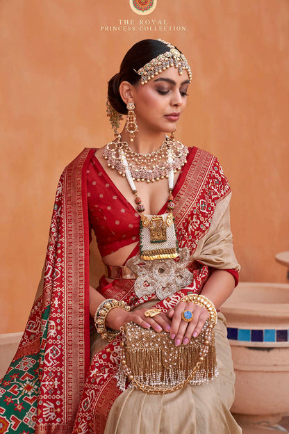 Creme White with Red Banarasi Patola With Contrast Ekat Border and Pallu