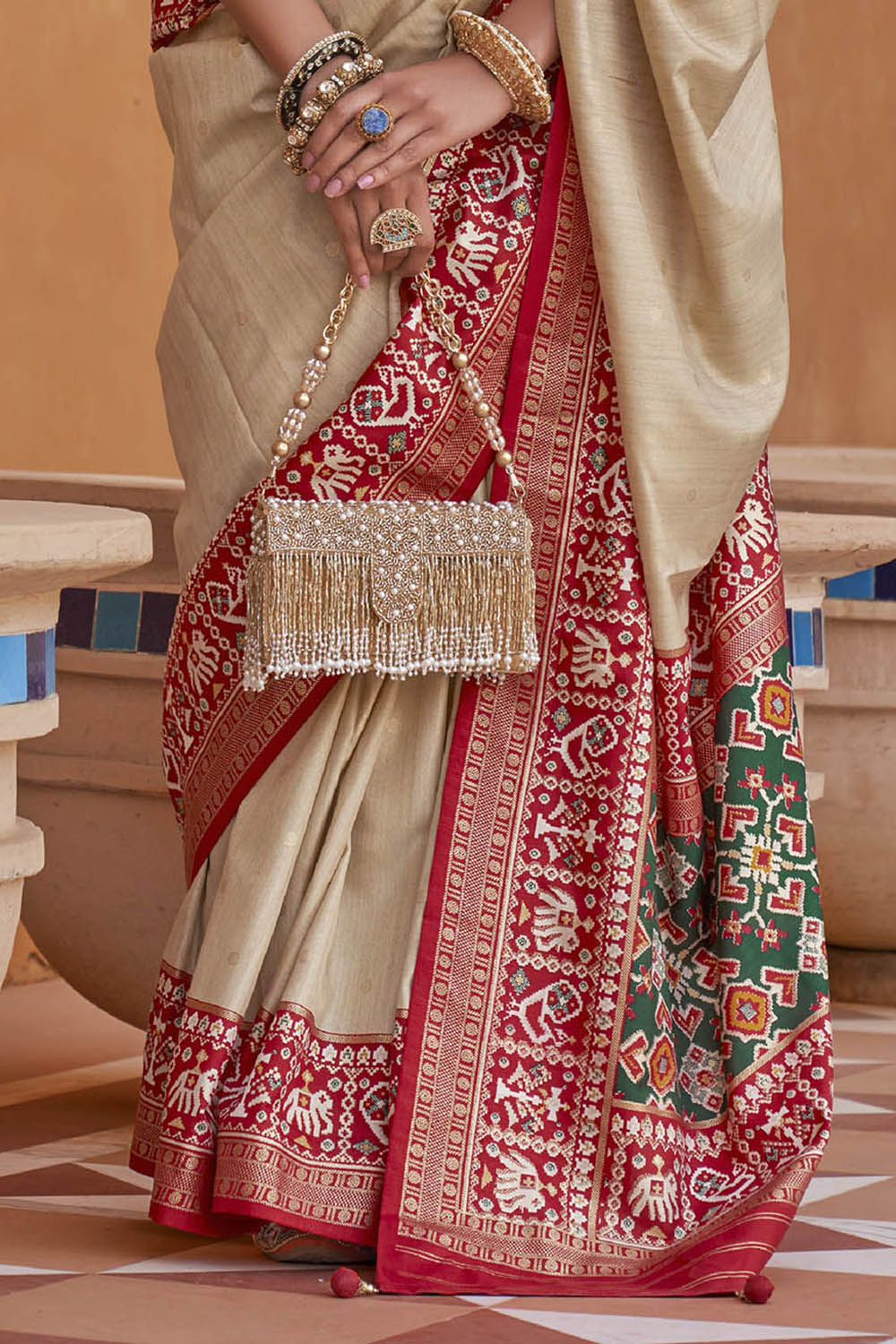 Creme White with Red Banarasi Patola With Contrast Ekat Border and Pallu