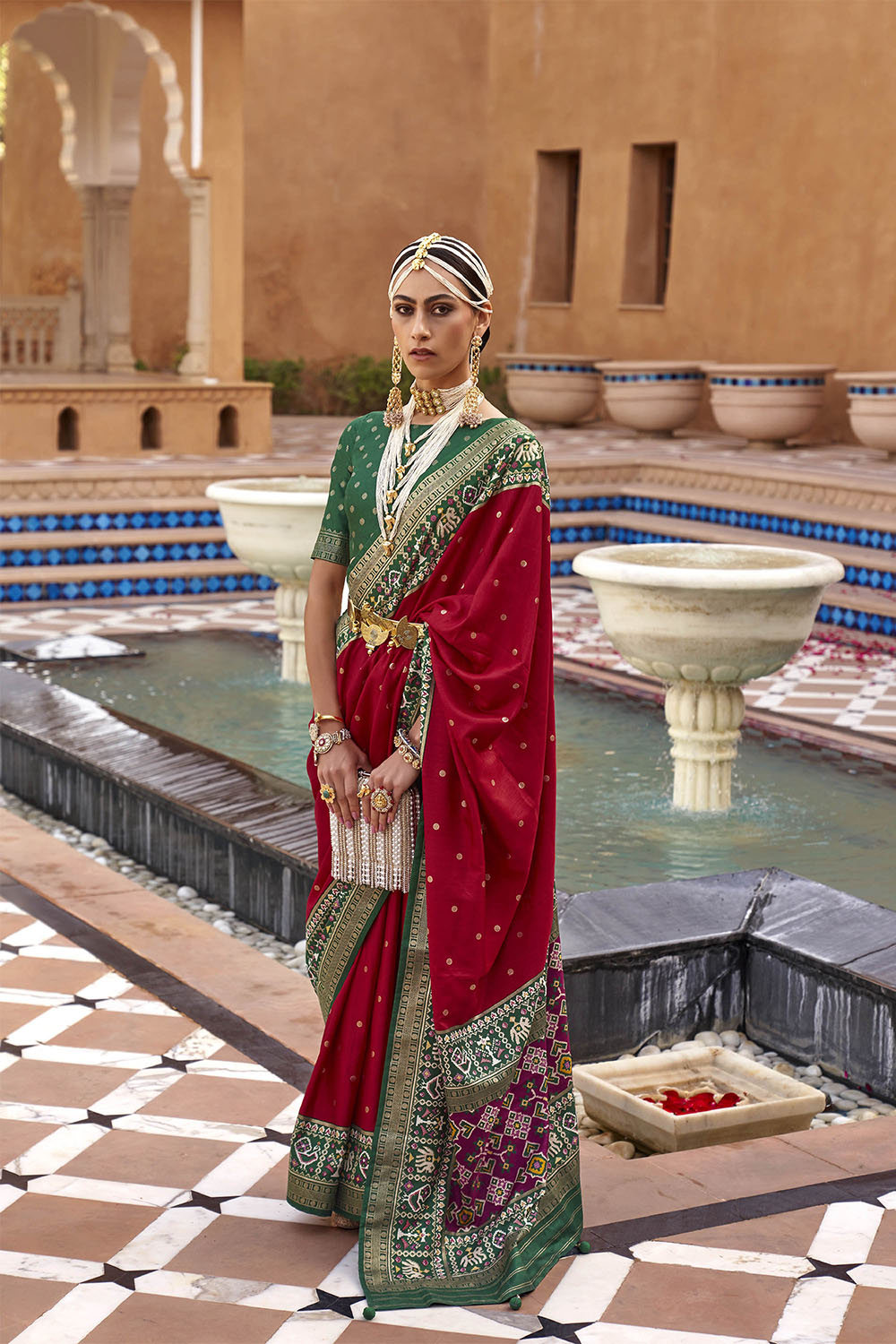 Red with Green Banarasi Patola With Contrast Ekat Border and Pallu