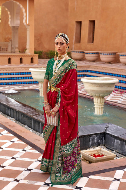 Red with Green Banarasi Patola With Contrast Ekat Border and Pallu