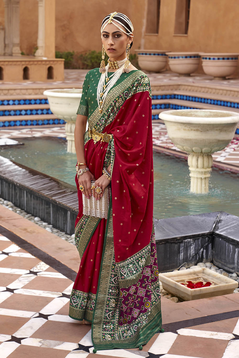 Red with Green Banarasi Patola With Contrast Ekat Border and Pallu