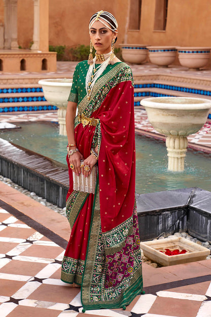 Red with Green Banarasi Patola With Contrast Ekat Border and Pallu