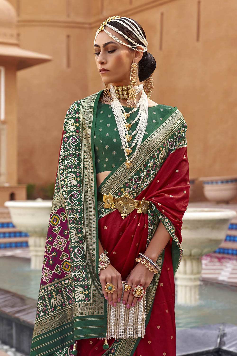 Red with Green Banarasi Patola With Contrast Ekat Border and Pallu