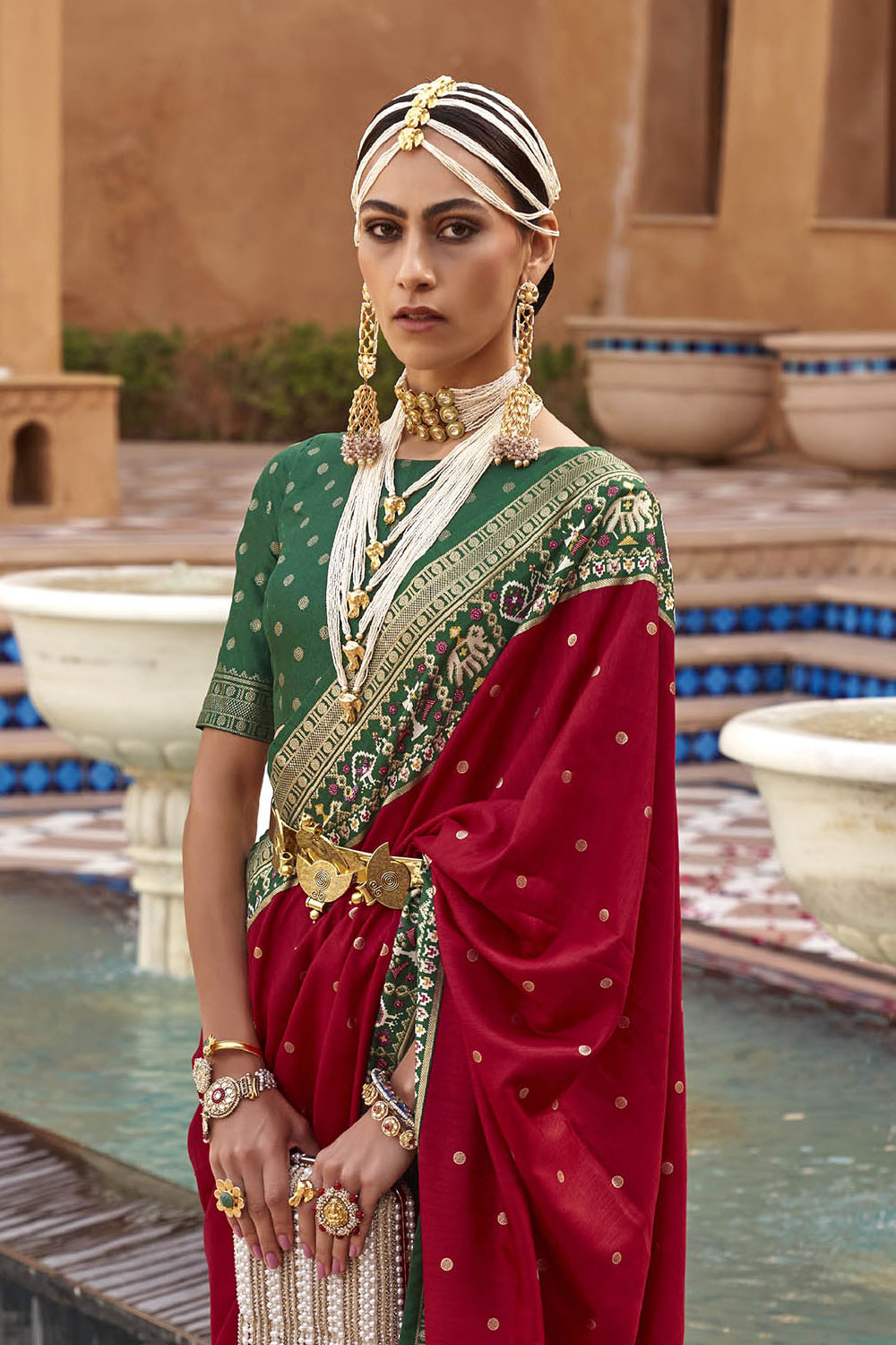 Red with Green Banarasi Patola With Contrast Ekat Border and Pallu