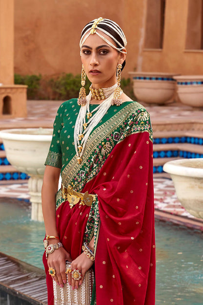 Red with Green Banarasi Patola With Contrast Ekat Border and Pallu