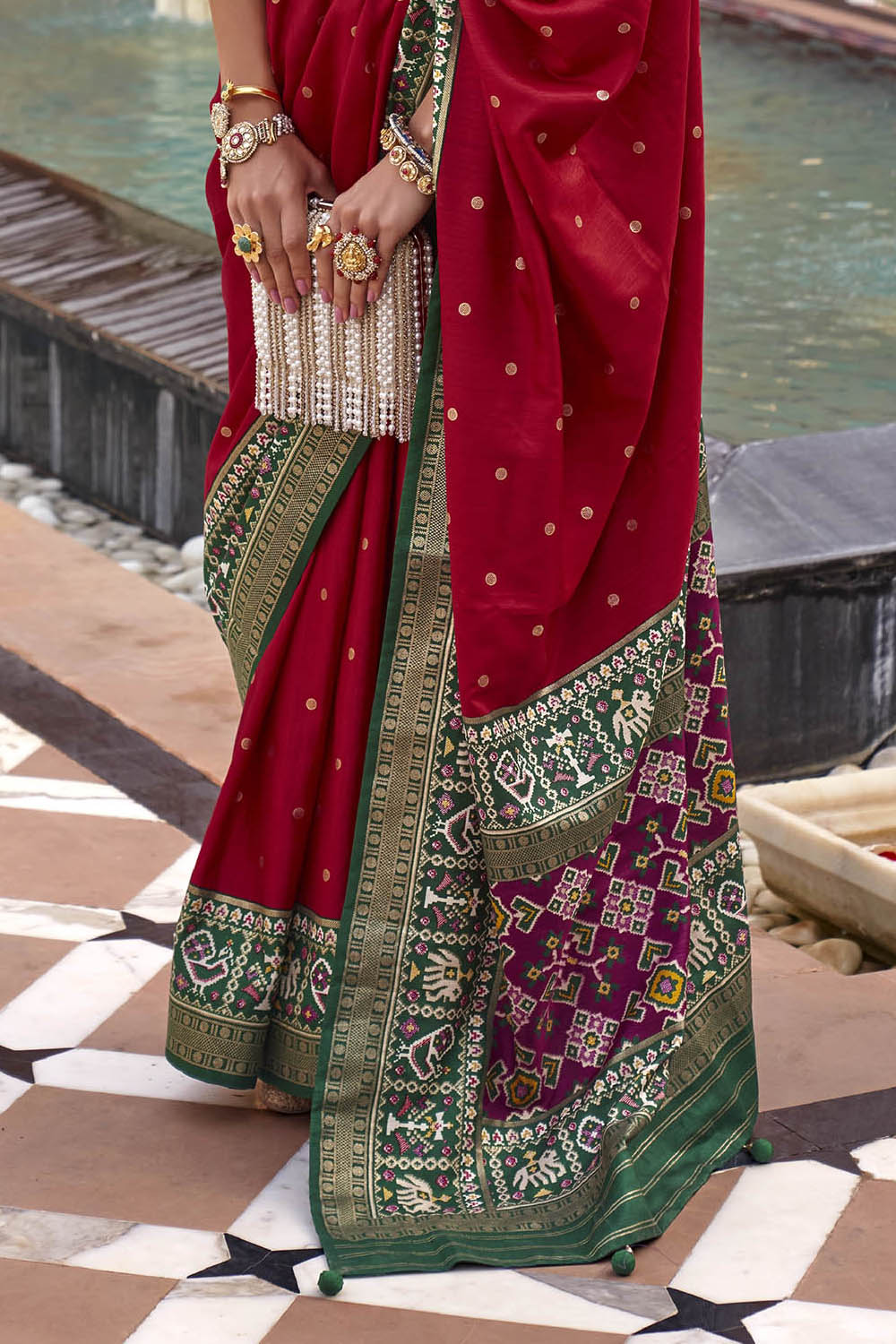 Red with Green Banarasi Patola With Contrast Ekat Border and Pallu