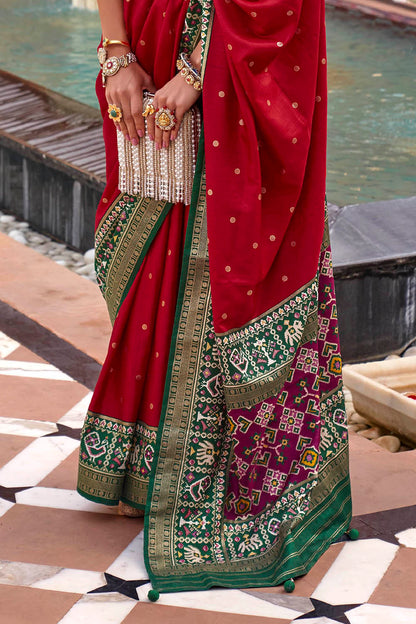 Red with Green Banarasi Patola With Contrast Ekat Border and Pallu