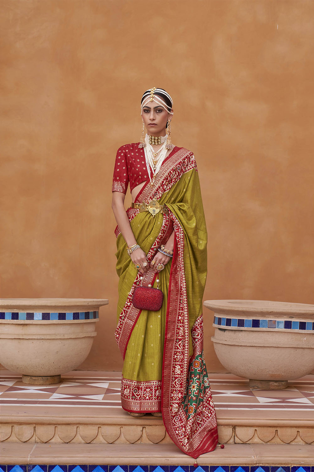 Olive Yellow with Red Banarasi Patola With Contrast Ekat Border and Pallu