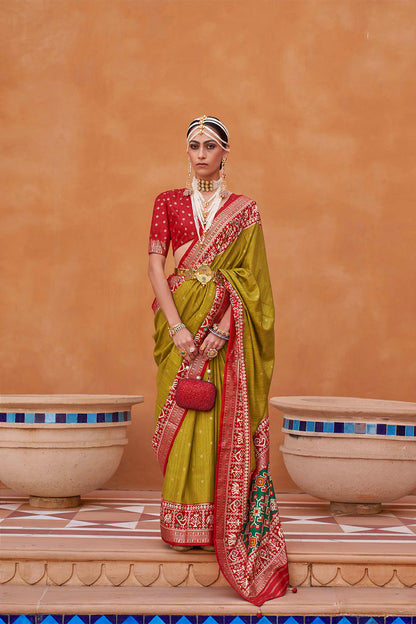 Olive Yellow with Red Banarasi Patola With Contrast Ekat Border and Pallu