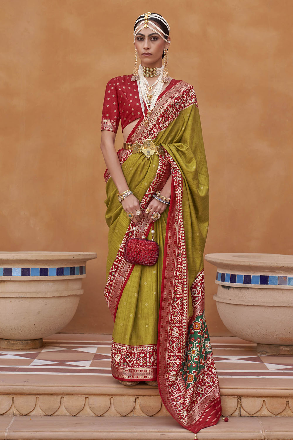 Olive Yellow with Red Banarasi Patola With Contrast Ekat Border and Pallu