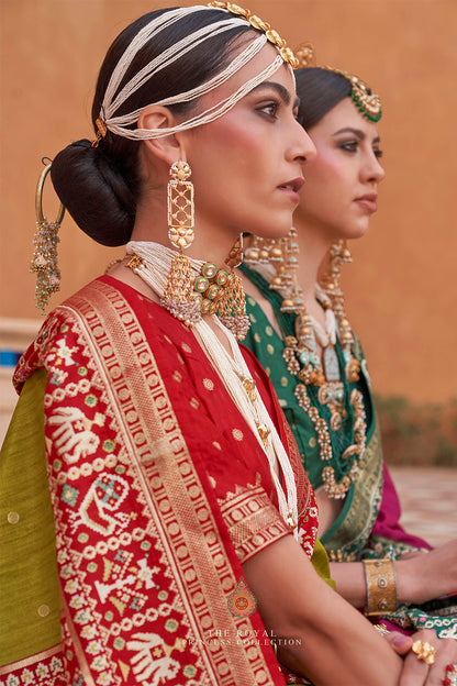 Olive Yellow with Red Banarasi Patola With Contrast Ekat Border and Pallu