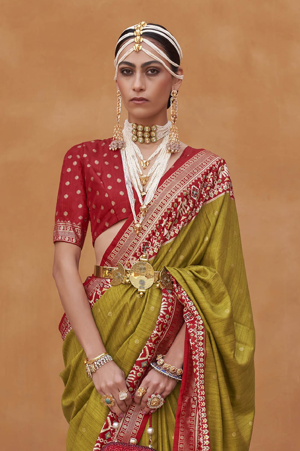 Olive Yellow with Red Banarasi Patola With Contrast Ekat Border and Pallu