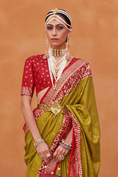 Olive Yellow with Red Banarasi Patola With Contrast Ekat Border and Pallu