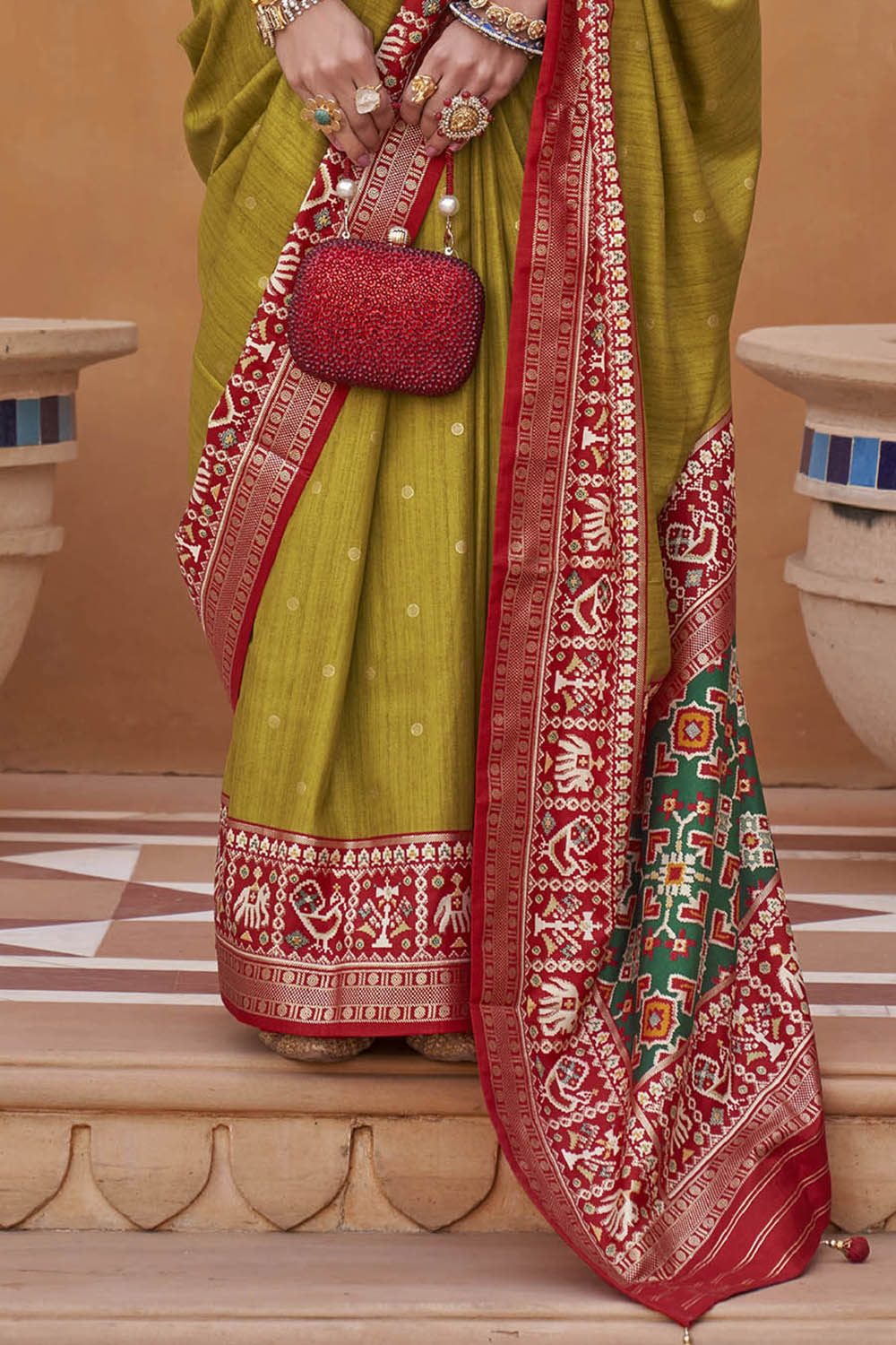 Olive Yellow with Red Banarasi Patola With Contrast Ekat Border and Pallu