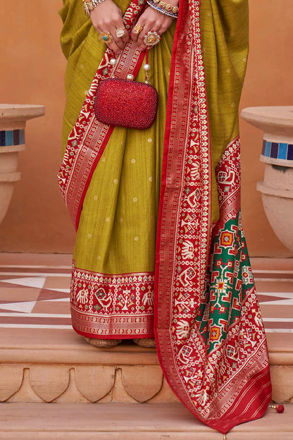 Olive Yellow with Red Banarasi Patola With Contrast Ekat Border and Pallu