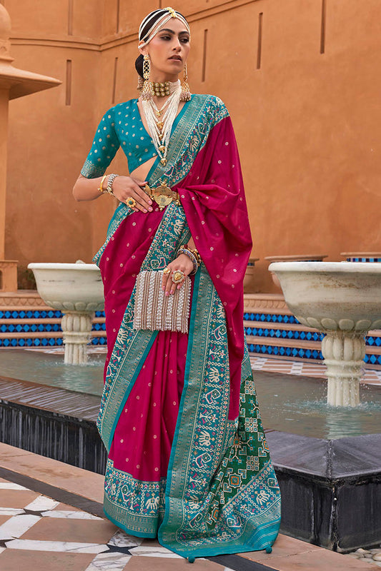 Pink with Turquoise Banarasi Patola With Contrast Ekat Border and Pallu